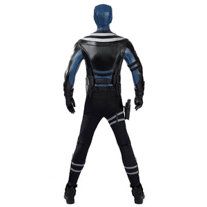 Bullseye Lester cosplay costume back view layers textured faux leather panels with tactical thigh straps.
