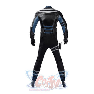 Bullseye Lester cosplay costume back straps anchor a black vest above fitted pants and thigh holsters.