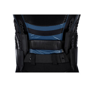 Bullseye Lester cosplay costume back waist knives sit against blue and black faux leather vest panels.