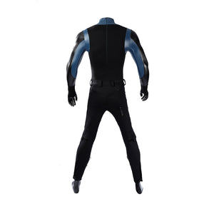 Bullseye Lester cosplay costume black back panel curves between blue sleeves and fitted tactical pants.