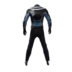 Bullseye Lester cosplay costume back view centers blue and black faux leather panels over fitted pants.