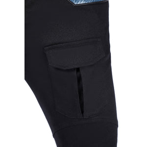 Bullseye Lester cosplay costume black cargo pants detail centers a structured side pocket with a flap and vertical slot.