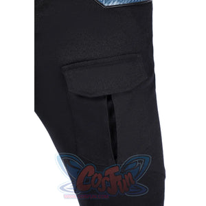 Bullseye Lester cosplay costume black cargo pants detail centers a structured side pocket with a flap and vertical slot.