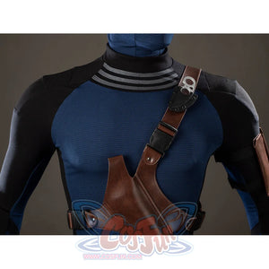 Bullseye Lester cosplay costume traces brown harness straps across the blue ribbed chest.