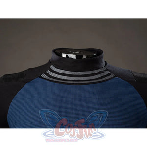 Bullseye Lester cosplay costume layers gray neck trim around the blue collar and upper chest.