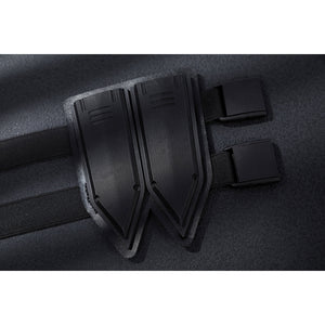 Bullseye Lester cosplay costume centers black molded knife holsters that secure to the limbs with adjustable elastic straps.