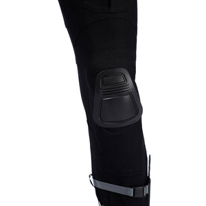 Bullseye Lester cosplay costume centers black pants secured with a molded knee guard and an adjustable calf strap.