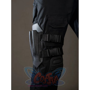 Bullseye Lester cosplay costume stacks thigh straps and side panels along one pant leg.