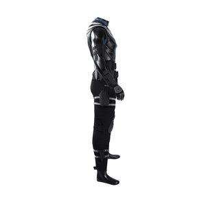 Bullseye Lester cosplay costume centers forearm guards and holster straps layered over the textured black pants and vest.