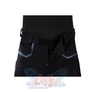 Bullseye Lester cosplay costume black trousers gather at the waist with durable velcro closures and metallic trim details.
