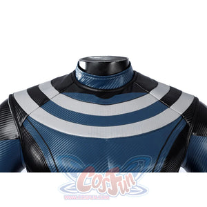 Bullseye Lester cosplay costume centers Vest chest detail with blue and gray striped faux leather textures.