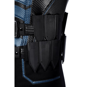 Bullseye Lester cosplay costume centers a waist knife set with tactical matte black sheaths layered over textured fabric.