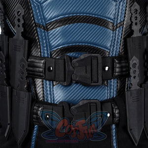 Bullseye Lester cosplay costume centers a reinforced waist belt with tactical knife sheaths and secure black buckles.