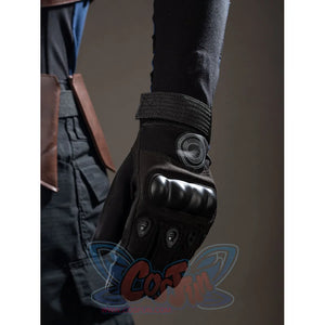 Bullseye Lester cosplay costume sets glove padding beside a black wrist sheath and strap.