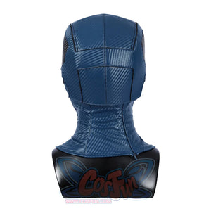 Bullseye Lester cosplay costume centers a blue textured head cover crafted from faux leather with reinforced paneling.