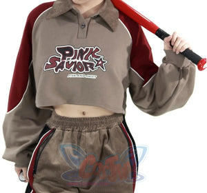 Khaki Striped Velvet Patchwork Slim Skirt Pants Sweater Suit S22429