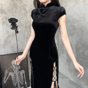 Velvet High Waist Slit Short Sleeve Improved Cheongsam Dress