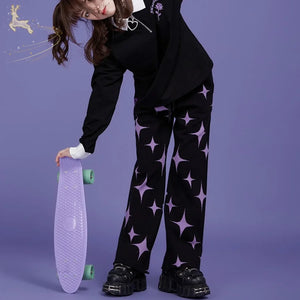 Black And Purple Star Sweet Style Knitted Pants Thick Pants Pants