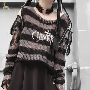 Punk Stripe Off Shoulder Round Neck Loose Short Sweater One Size