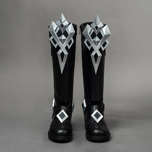 Capitano cosplay boots from Genshin Impact with black faux leather shafts and silver crest panels