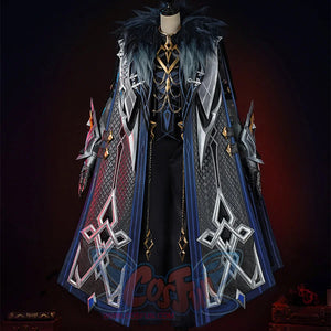 Genshin Impact Il Capitano cosplay complete outfit balances embroidered fur-collar overcoat above patterned vest and black.