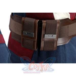 Captain Steve Rogers cosplay costume centers front belt pouches and silver buckle plates.