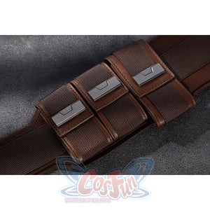 Captain Steve Rogers cosplay costume stacks brown belt pouches across the waist strap.