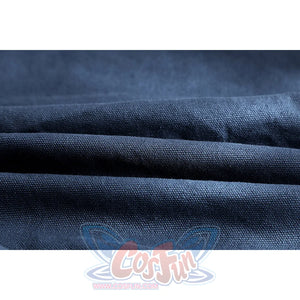Captain Steve Rogers cosplay costume lays blue cloth texture in soft folds across the suit fabric detail.