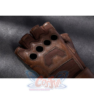 Captain Steve Rogers cosplay costume centers the brown fingerless glove and knuckle padding.