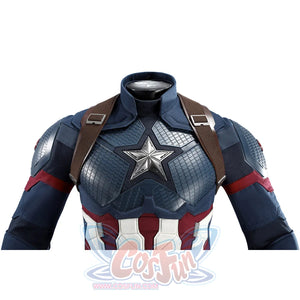 Captain Steve Rogers cosplay costume frames the silver chest star over blue textured armor.