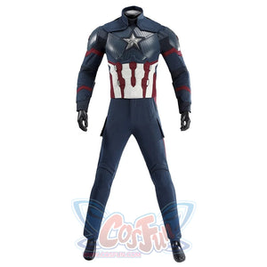Captain Steve Rogers cosplay costume sets the sleeveless blue base suit above dark pants.