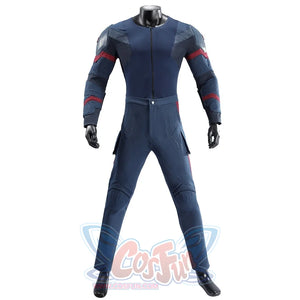 Captain Steve Rogers cosplay costume centers the base suit front below blue shoulder panels.