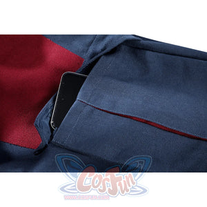 Captain Steve Rogers cosplay costume centers the fitted blue torso and pant legs.