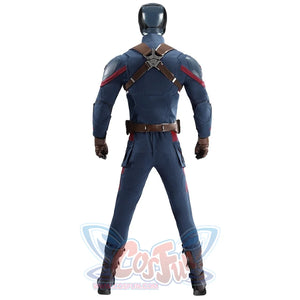 Captain Steve Rogers cosplay costume turns crossed back straps over the blue suit and boots.