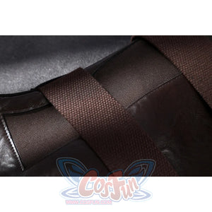Captain Steve Rogers cosplay costume frames the gray knit collar and sleeve bands.
