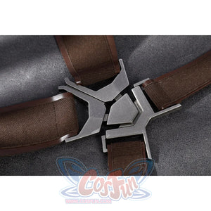 Captain Steve Rogers cosplay costume sets the gray knit underlayer above blue-green pants.