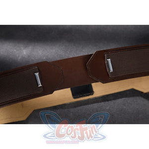 Captain Steve Rogers cosplay costume extends the brown utility belt across a gold-tone edge.