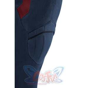 Captain Steve Rogers cosplay costume frames the angular knee panel on blue pants.