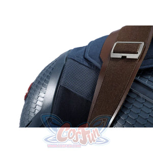 Captain Steve Rogers cosplay costume frames the brown shoulder buckle beside blue armor.