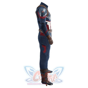 Captain Steve Rogers cosplay costume profiles the shoulder armor and red sleeve stripe.