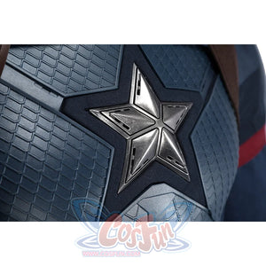 Captain Steve Rogers cosplay costume frames the silver chest star over blue armor scales.