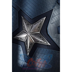 Captain Steve Rogers cosplay costume sets the silver star over blue scaled armor.