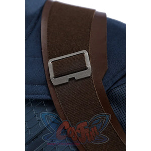 Captain Steve Rogers cosplay costume frames the shoulder strap buckle in a close detail.