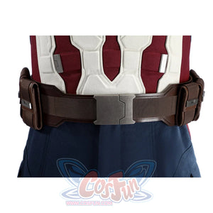 Captain Steve Rogers cosplay costume centers the brown belt across red and white torso panels.