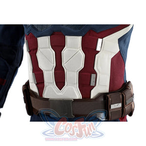 Captain Steve Rogers cosplay costume anchors brown waist pouches along the front belt.