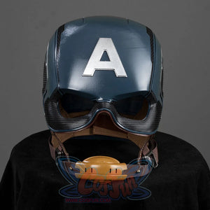 Captain Steve Rogers cosplay helmet centers the black visor below the blue A emblem.