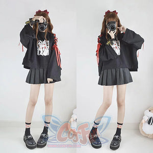 Cartoon Fox Print Lacing Short Sweatshirt Spring Sweater Mp005889