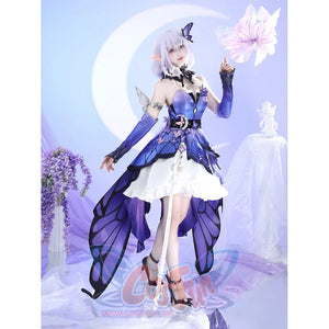 Angled front view of Castorice cosplay costume with purple bodice, white skirt layers, black collar, gloves, and overskirt