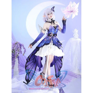 Angled front view of Castorice cosplay costume with purple bodice, white skirt layers, black collar, gloves, and overskirt