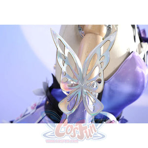 Arm accessory close-up of Castorice cosplay costume with silver butterfly wing piece and purple sleeve